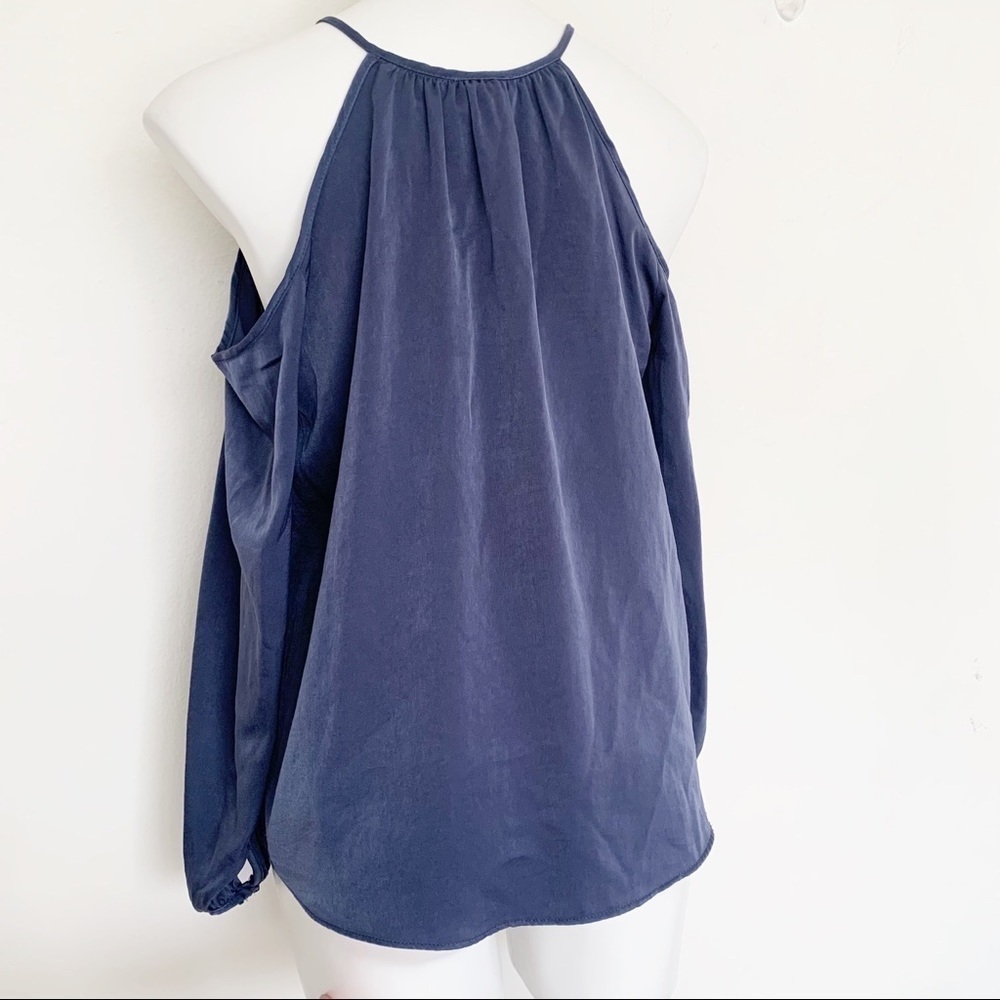 AQUA cold shoulder BLOUSE TOP satin silky blue SMALL long sleeve - Picture 9 of 13